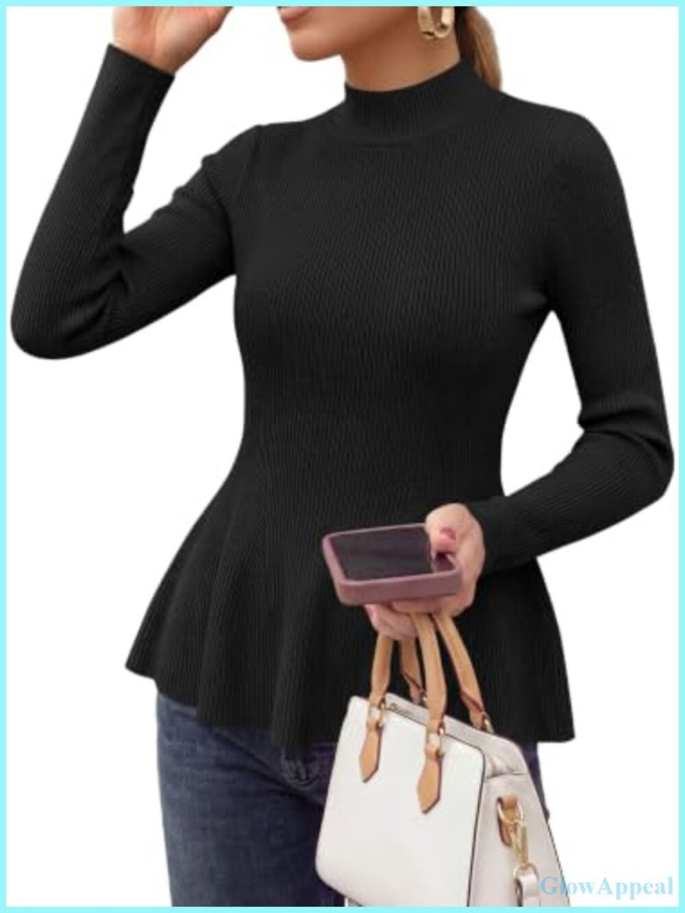 Mock Neck Peplum Sweater Ribbed Knit Long Sleeve Ruffle Hem Work Top